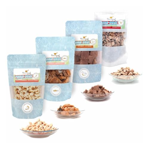 Sparset Gefriergetrocknete Katzensnacks von I Love My cat - Freeze-Snacks - 100g. Natürliche und hochwertige Katzenleckerlis mit Hühnerherzen Shrimps Karotten und Entenbrust. Leicht verdaulich.
