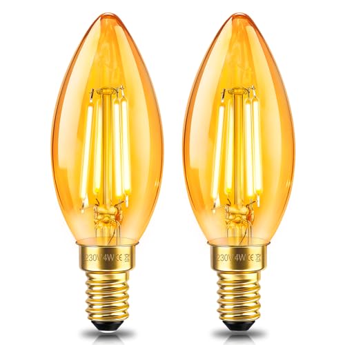 Caldarax 2 Stück E14 LED Kerze Vintage Glühbirne 4W LED Filament Ersetzt 40W C35 Kerzenbirnen Warmweiß 2200K Bernstein Glas Birne 400LM Nicht Dimmbar Nostalgische Deko für Zuhause Caf Bar