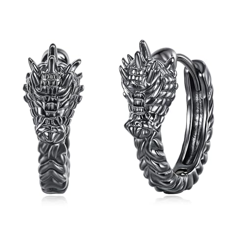 VONALA Drachen Creolen Ohrringe 925 Sterling Silber Schwarz Ohrringe Gothic Schmuck Geschenk für Männer Junge Damen Mädchen