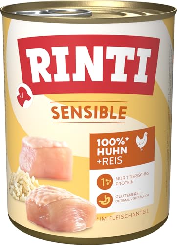 RINTI - Sensible Nassfutter für Sensible ausgewachsene Hunde mit natürlichen Fleischstücken. Getreidefreies Alleinfutter in der Dose ohne künstliche Zusätze 6x800g Huhn Reis