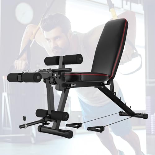 Weyot Hantelbank Verstellbar Hantelbank Mit Beincurler Und Beinstrecker Schrägbank Hantelbank Klappbar Trainingsbank Schräg 5-Fach Verstellbare Trainingsbank Mit Zugseil Bis 200 Kg Belastbar