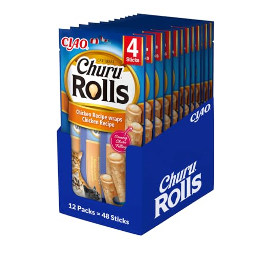 INABA Churu Rolls mit 60% Hühnerfleisch Katzen Leckerlies Getreidefrei Zuckerfrei Perfekt zum Verstecken von Tablette Keine Nebenerzeugnisse Weiche und Saftige Kausnacks Kausticks Cat Treats 480g