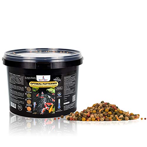 HAPPYKOI Optimal Mix - Spezial Koi Fisch Futter Futtermix ausgewogen für Wachstum Farbe mit Spirulina Gammarus - 5 2 Liter Pellet 3 bis 6 mm