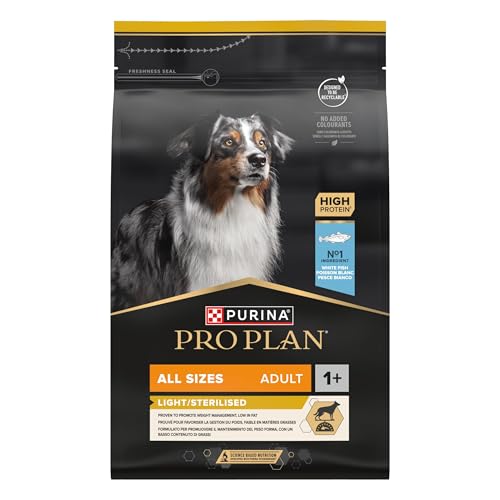 Purina Pro Plan leicht sterilisiert Erwachsene Hunde alle Größen Trockenfutter reich an Proteinen mit Weißfisch fördert das Gewichtsmanagement Beutel 3 kg