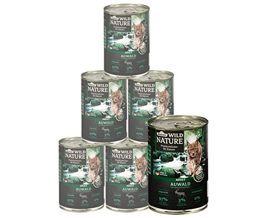 Dehner Wild Nature Katzenfutter Auwald Nassfutter getreidefrei zuckerfrei für ausgewachsene Katzen Hirsch Truthahn 6 x 400 g Dose 2.4 kg