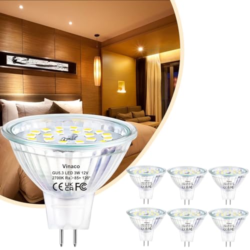MR16 GU5.3 LED Warmweiß 2700K 6 Pack Vinaco GU5.3 LED 12V 3W Entspricht 35W Abstrahlwinkel 120 Flood Kein Flimmern 350LM GU 5.3 Bi-Pin Sockel Nicht Dimmbar CRI85 Reflektorglas MR16 12V Für Haus