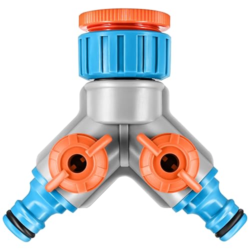 GRÜNTEK 2-Wege Absperrventil Wasser-Verteiler für Gartenschlauch Bewässerung Y-Ventil 3 4 und 1 Zoll Gewinde-Adapter Wasserhahn Anschluss Schnellanschluss-Kupplung recyclebarer ABS Kunststoff