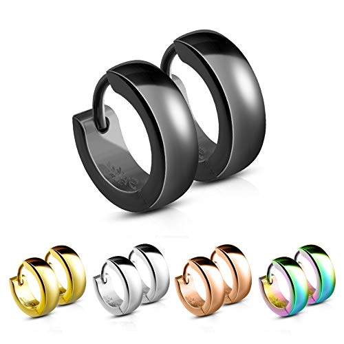 Treuheld Klassische eckige Creolen Ohrringe aus medizinischem Edelstahl 4mm x 12mm Schwarz Klappcreolen für Damen und Herren Set Paar