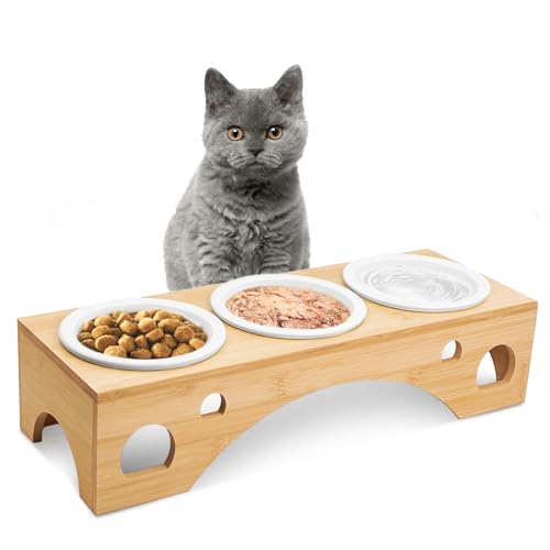 Cinnani Katzennapf Hundenapf Erhöht 3er Set Futternapf Katze Keramik mit Rutschfester Silikonunterlage Futterstation Katzen aus Bambus für Katzen Kleine Hunde