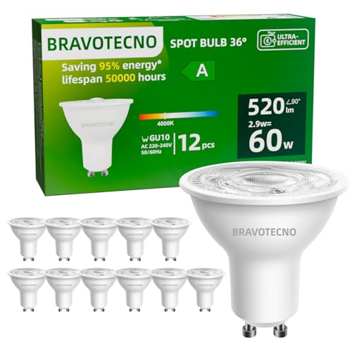 bravotecno GU10 LED Glühbirne Energieklasse A LED Neutralweiss 4000K 2.9W 520LM GU10 Spot Neutralweiß Entspricht 60W 36 Abstrahlwinkel Nicht Dimmbar Wärmearm Langlebig 12 Stück