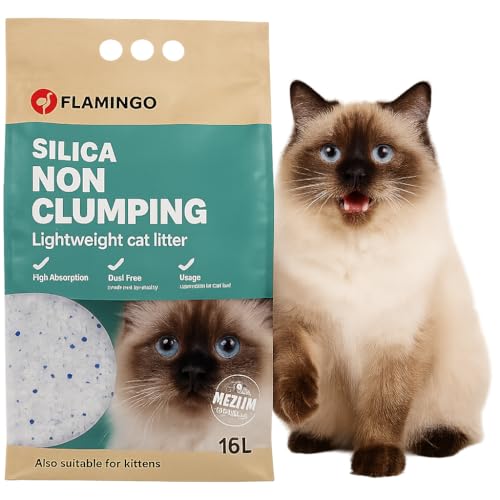 Flamingo Katzenstreu Silica Medium Körnchen 16L für 20 Wochen Lichtgewicht Staubfrei Schnelle Feuchtigkeitsaufnahme Neutralisiert Unangenehme Gerüche