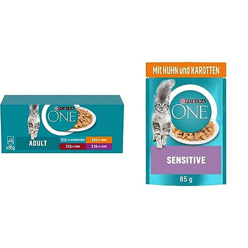 PURINA ONE Adult Katzenfutter nass zarte Stückchen in Sauce Sorten-Mix 40er Pack 40 x 85g Sensitive Katzenfutter nass zarte Stückchen in Sauce mit Huhn 26er Pack 26 x 85g