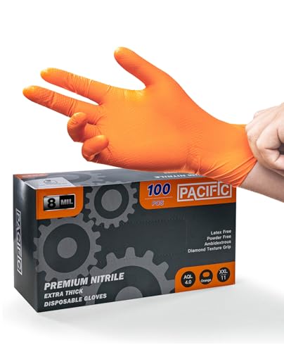 PACIFIC 8-mil Orange Nitril Einweghandschuhe Heavy-Duty Industriell Mechanisch Diamantstrukturiert Latexfrei Puderfrei EN 374 XXL