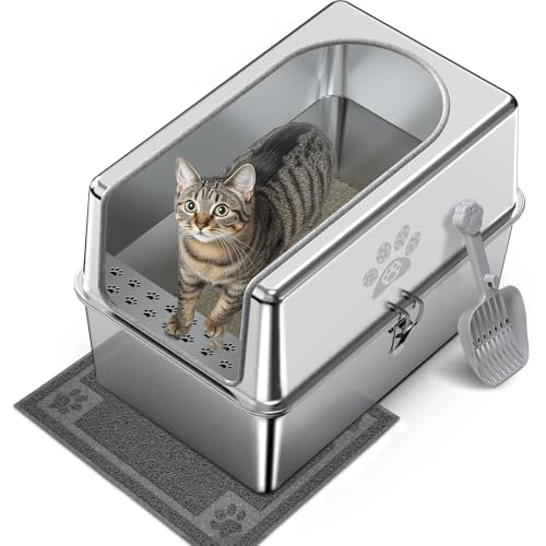 PTLOM Katzentoilette aus Edelstahl mit Deckel XXL herausnehmbare Edelstahl Katzenklo 20cm hohen Rand Seitenwänden für Katzen robust leicht zu reinigen geruchsfrei mit Streuschaufel Katzenstreumatte