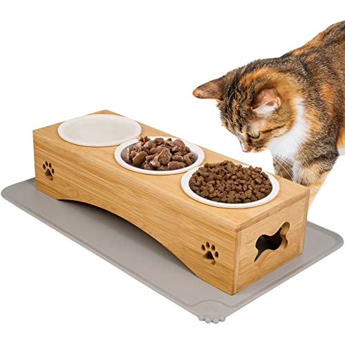 TAMOWA Katzennapf Erhöht 3er Set Futternapf Katze Futterstation mit Napfunterlage Silikon Futterstation Katzen Keramik Hundenapf Fressnapf und Wassernapf für Katzen und Kleine Hunde