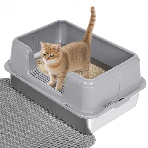 Citylife Katzenklo Edelstahl Katzentoilette mit Katzenstreumatte und Schaufel Offen Hoher Rand Auslaufsicher Geruchsfrei Nicht klebriger Boden Einfache Reinigen Grau 50 x 35 x 23 cm