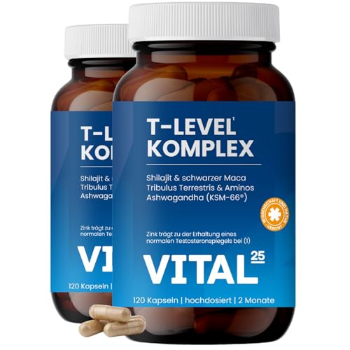 T-Level Testosteron Kapseln - hochdosiert mit Shilajit Ashwagandha KSM-66 Maca schwarz Bockshornklee Tribulus Cordyceps Bor Aminos - laborgeprüft vegan - 240 Kapseln für 4 Monate - Vital25