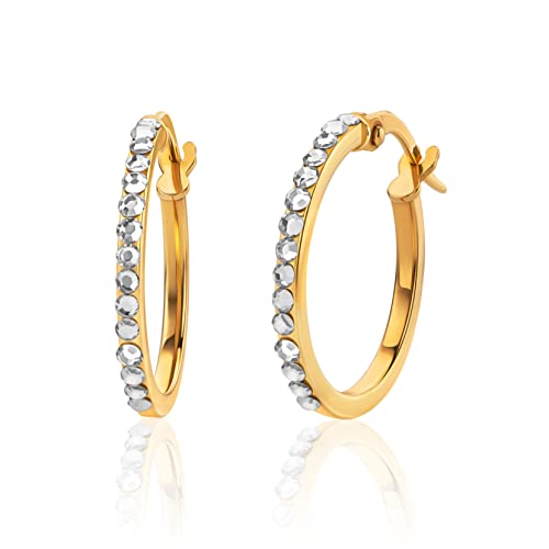 Orovi Ohrschmuck für Damen 18.5 mm runde klassische kreis Creolen Gelbgold Goldreifen besetzt mit funkelnden veredelten Kristallen Ohrringe aus 9 Karat 375 Gold