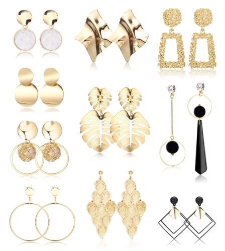 JeryWe 10 Paar Clip-Ohrringe für Frauen rund trapezförmig geometrische Aussage nicht durchbohrte Ohrclips leichte Blatt-Creolen baumelnde Ohrringe