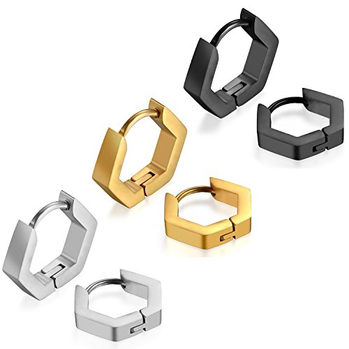 JewelryWe Schmuck 3 Paare Geometrisch Sechseck Hexagon Ohrstecker Ohrhänger Ohrklemmen Silber Schwarz