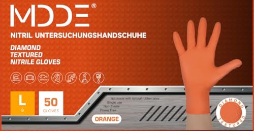 Extra Stark Einweghandschuhe 8g Diamant Grip Nitrile Untersuchungshandschuhe Arbeitshandschuhe für Werkstatt GARTENARBEIT MECHANIKER GASTRONOMIE INDUSTRIE 50 Orange L