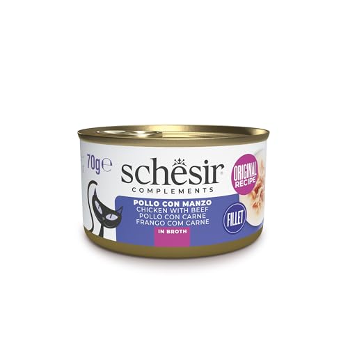 Schesir Hähnchenfilets mit Rindfleisch in Brühe ergänzendes Nassfutter für Katzen Originalrezept 100% natürlich 12 Dosen 70 g