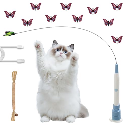 Flederi Electric Butterfly Toy for Active Cats Cat Butterfly Toy with Butterflies and Suction Cup Active Play Happy Cat Intelligent Stimulation Indoor and Outdoor Blaue Ladeanzeige 10 Schmetterlinge