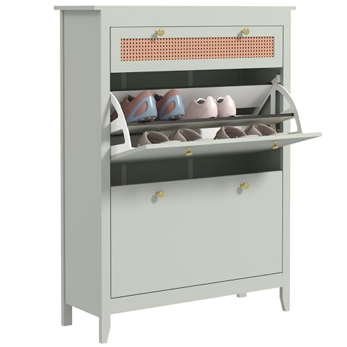 HOMCOM Schuhschrank mit 2 Klappen und Schublade Schuhkipper verstellbare Ablage Schuhregal Schuhkommode Schuhablage für 12 Paar Schuhe 88 x 30 x 120 cm Grün