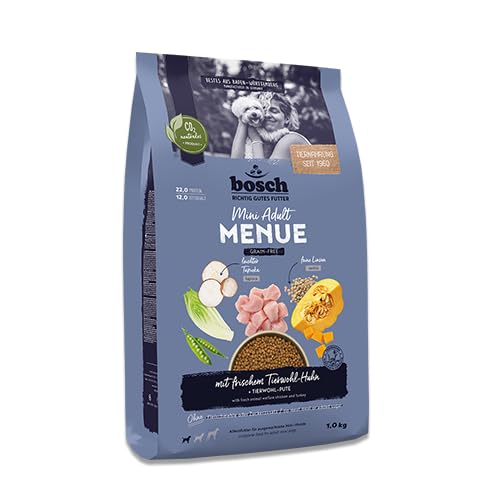 Bosch HPC MENUE Mini Adult mit Tierwohl-Huhn Hundetrockenfutter für ausgewachsene Hunde Kleiner Rassen 1 x 1 kg