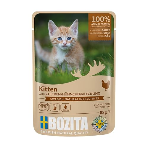 Bozita mit Hühnchen für Kitten ohne Getreide - kleine Häppchen in Sauce mit Omega 3 für Kitten - 12x85g Nassfutter im Portionsbeutel für Junior Katzen Aller Rassen