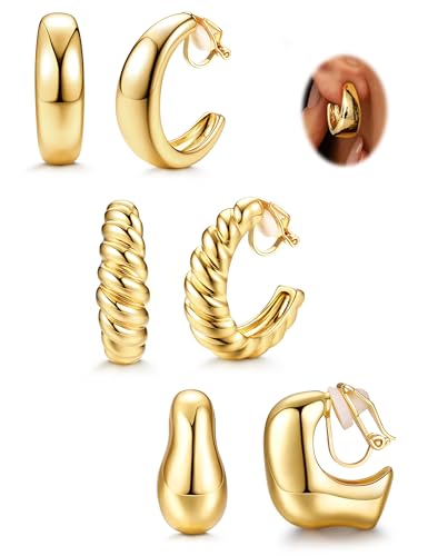 FIOROYAL 3 Paar Gold Ohrclips Damen Ohne Ohrlöcher Gold Clip Ohrringe Damen 14K Vergoldet Gold Chunky Röhre Croissant Wassertropfen Fake Ohrringe Ohne Ohrloch Creolen Set GT