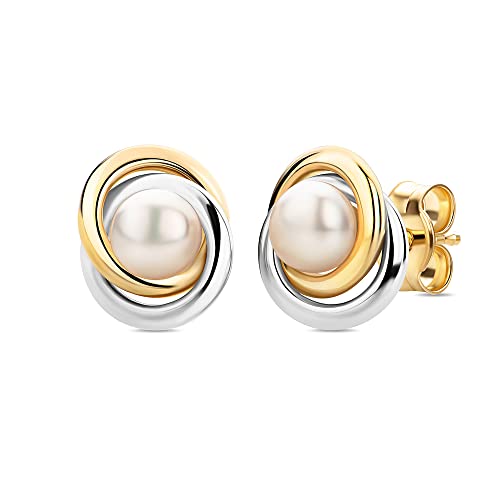 Orovi Damen Goldschmuck Perlen Ohrstecker WeiÃŸ- und Gelbgold Bicolor Knoten Ohrringe rund mit SÃ¼ÃŸwasser perlen 4 mm 14 Karat 585 Gold