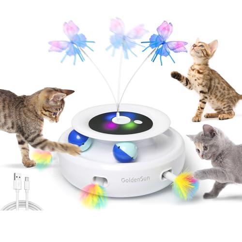 GoldenSun 3 in 1 Elektrisch Interaktives Automatischer Spielzeug für Katzen Whack A Mole Fluttering Butterfly inklusive Ball USB Wiederaufladbar Katzen Teaser 6 Aufsätzen