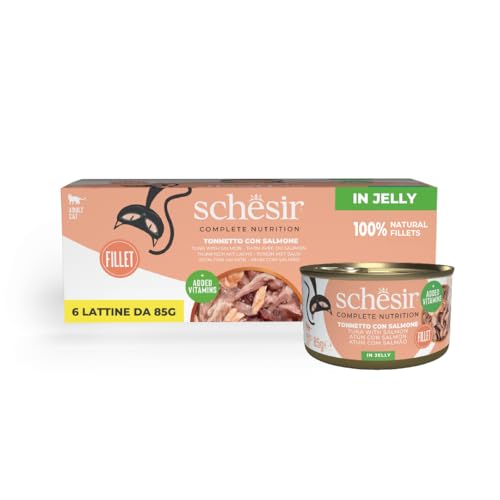Schesir Thunfisch mit Lachs in Gelee komplettes Nassfutter für Katzen in Dose mit zusätzlichen Vitaminen 100% natürlich 6 x 85 g