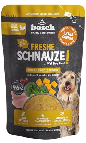 Bosch Freshe Schnauze Huhn mit Kürbis und Brokkoli 1 x 250 g Schonend Dampfgegartes Nassfutter für Hunde Vollwertiges Alleinfuttermittel mit hohem Fleischgehalt 250 g Hundenassfutter