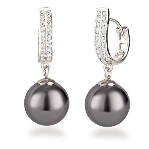 Schöner-SD Perlen Ohrringe Creolen mit großen Perlen 925 Silber Rhodium dunkelgrau