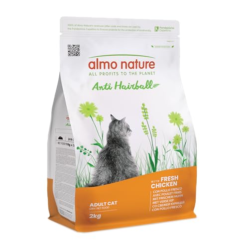 Almo Nature Anti-Hairball - Adult Katzen-Trockenfutter mit Frischem Huhn mit Pflanzlicher Faserstoffmischung zur Vorbeugung von Haarballen - 2kg Beutel