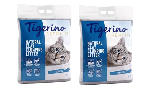 Tigerino Premium Katzenstreu ergiebige Klumpstreu aus Naturton-Granulat feinkörnig schnelle und Starke Klumpenbildung bindet Gerüche 2 Stück Sensitive
