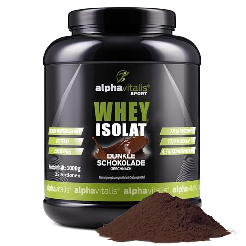 Whey Protein Pulver Isolate 1KG - 78% Proteingehalt - Eiweißpulver zuckerfrei fettfrei - 100% leckerer WPI Proteinshake für den Muskelaufbau Dunkle Schokolade