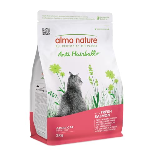 Almo Nature Anti-Hairball - Adult Katzen-Trockenfutter mit Frischem Lachs mit Pflanzlicher Faserstoffmischung zur Vorbeugung von Haarballen - 2kg Beutel