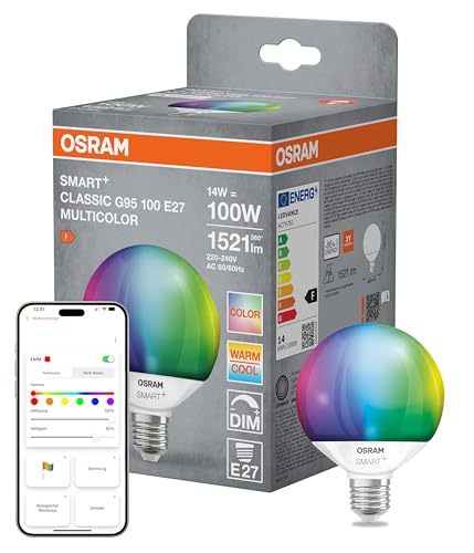 Osram SMART Matter LED-Lampe G95 Globeform 14W E27 RGBW dimmbar per App Sprachbefehl steuerbar kompatibel mit Alexa Google Apple WiFi