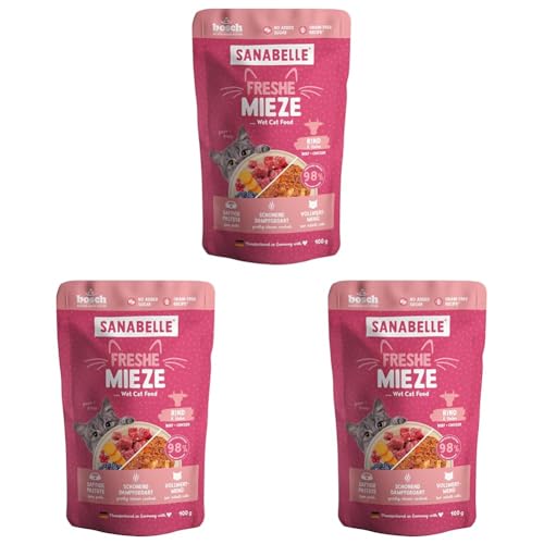 Sanabelle Freshe Mieze - Rind Huhn 100 g Beutel voll recyclingfähig Dampfgegartes Nassfutter für Katzen Katzenfutter wie frisch gekocht Eine Marke von Bosch Tiernahrung Packung mit 3