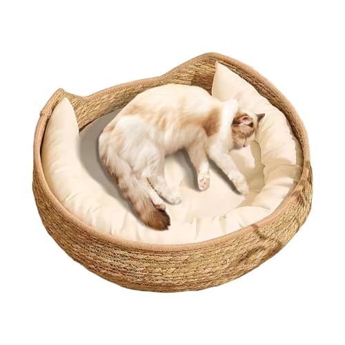 Weben von Katzennestern Katzenkorb aus Korbgeflecht Bett All Season Indoor Katzenkorb Geflochten mit Weichem Matte Kissen Bequemes Handgewebtes Haustiernest für Krallenschleifen Schlafen
