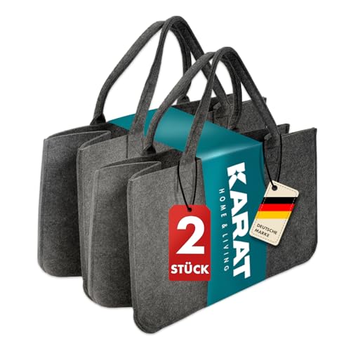 KARAT Filztasche Shopper Holzkorb für Kaminholz robuste Einkaufstasche aus Filz universell einsetzbar Filzkorb mit Griffen 50x25x25cm grau 30 L Vol. Conny 2 Stück