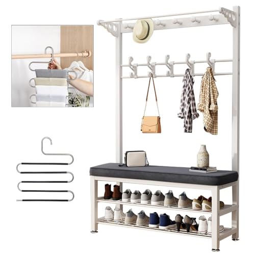 Garderobenständer Mit Sitzbank Garderobenständer 2-lagiges Schuhregal Aus Metall 3-in-1 Mit Haken Flurgarderobe 100X33X172CM Für Flur Und Foyer Kleiderständer.