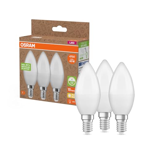 OSRAM NATURE LOOP - besonders nachhaltige LED Lampen aus recyceltem Plastik Vorteilspack mit 3 Leuchtmittel ersetzt herkömmliche 40W Glühbirnen Kerzenform E14 warmweiß 2700K umweltschonend