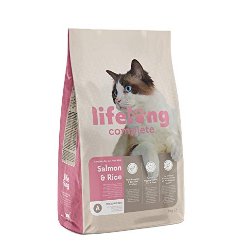 Amazon-Marke Lifelong - Complete Komplett Trockenfutter für ausgewachsene Katzen Lachs und Reis 3kg 1er-Pack