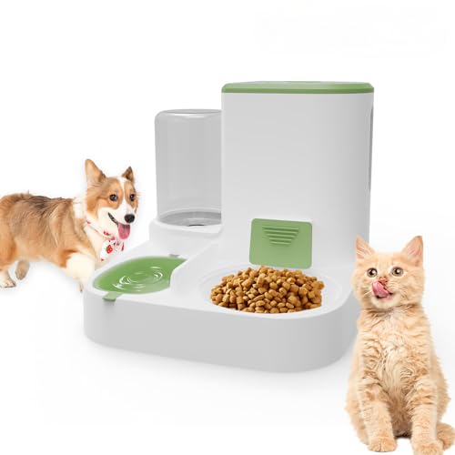 2-in-1 Futterautomat Katze Hund 2.2L 1L Katzenfutter Automat Futterspender und Wasserspender Futterautomaten für Katzen Hunde Leine bis Mittlere Haustiere B Grün