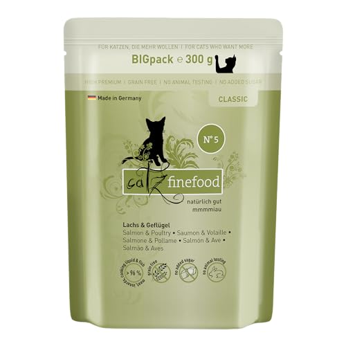 catz finefood Classic N 5 Lachs Geflügel Katzenfutter nass - Gourmet Nassfutter für Ihre Katze ohne Zucker Getreide glutenfrei - mit hohem Fleischanteil Made in Germany 6 x 300g Beutel