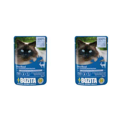 Bozita Sterilised Katzenfutter Rentier Häppchen in Soße im Portionsbeutel Pouch 12x85g Nassfutter für Katzen Packung mit 2